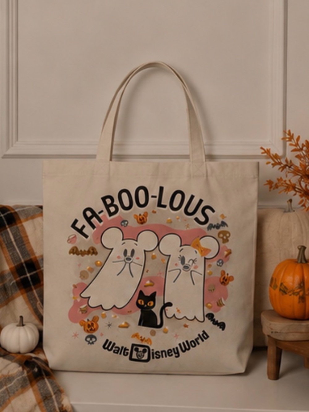 Walt Disney World Fa-Boo-Lous Ghost Mickey and Minnie treat bag- Cream